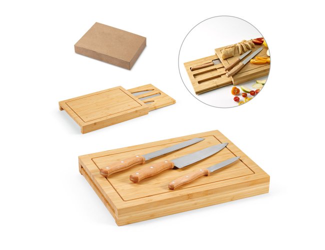 MUGWORT. Conjunto de t�buas em bambu com 3 facas inclusas