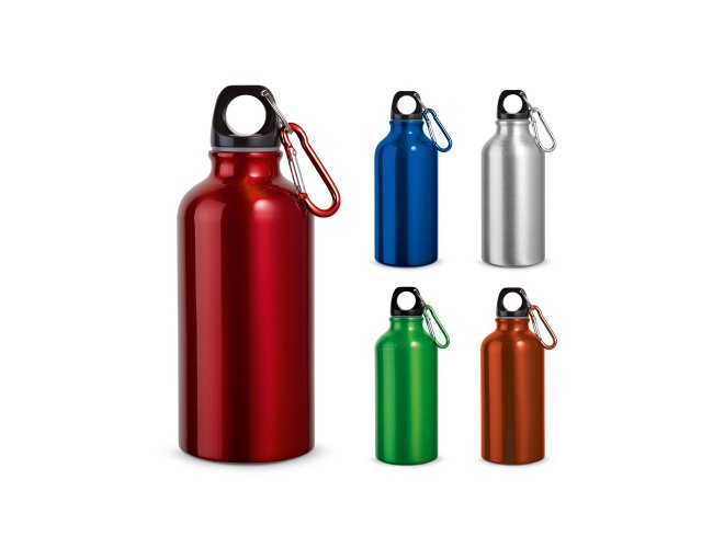 Garrafa esportiva em alumnio e acabamento metlico com mosqueto 400 mL