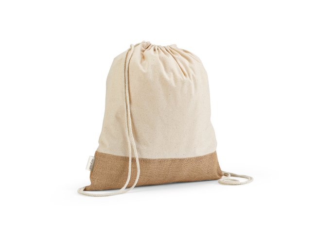 Sacola tipo mochila em 70% algodo reciclado e 30% polister reciclado (180 g/m) com base em juta