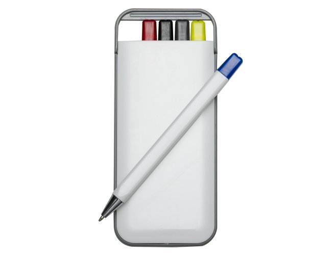 Kit 5 em 1. contm canetas com as cargas: azul, preto e vermelho; marca texto amarelo e lapiseira.