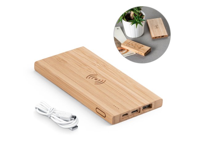 FITCH ECO. Bateria porttil com carregador wireless em bambu 5.000mAh