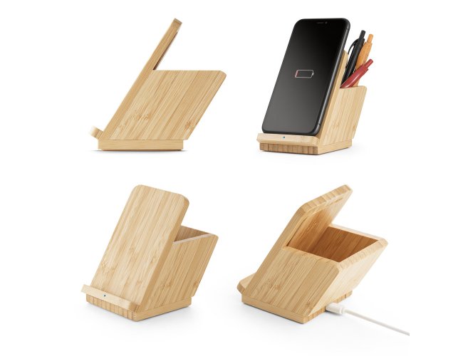 LEAVITT II. Carregador wireless em bambu com suporte para esferogrficas