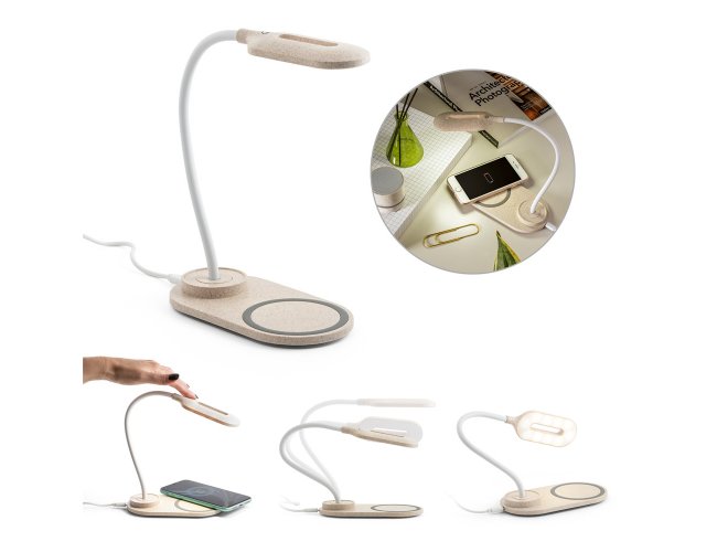 Luminria de mesa com carregador wireless em ABS e fibra de palha de trigo