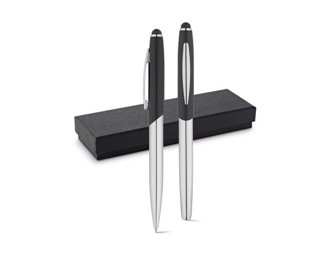 Conjunto de roller e esferogrfica. Metal. Com ponteira touch. Esferogr