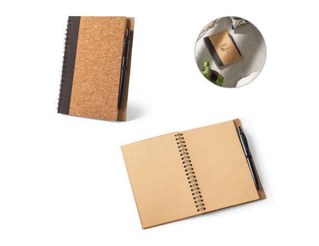 VICENTE. Caderno em cortia e rPET com 140 pginas lisas em papel kraft reciclado 130 x 178 mm