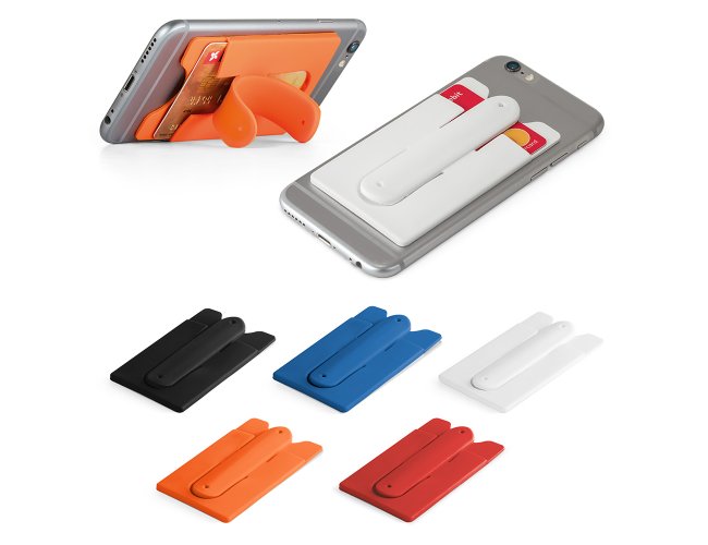 Porta cartes para celular. Silicone. Com autocolante no verso e suport