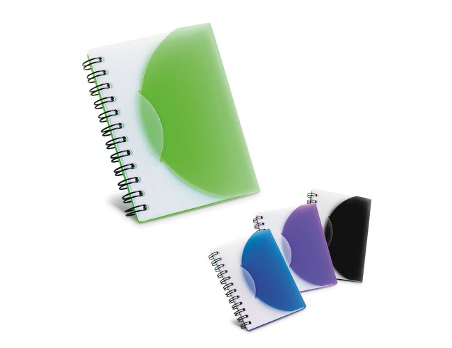 Caderno A7 espiral com 80 folhas no pautadas e capa semi-rgida em PP. 78 x 108 mm