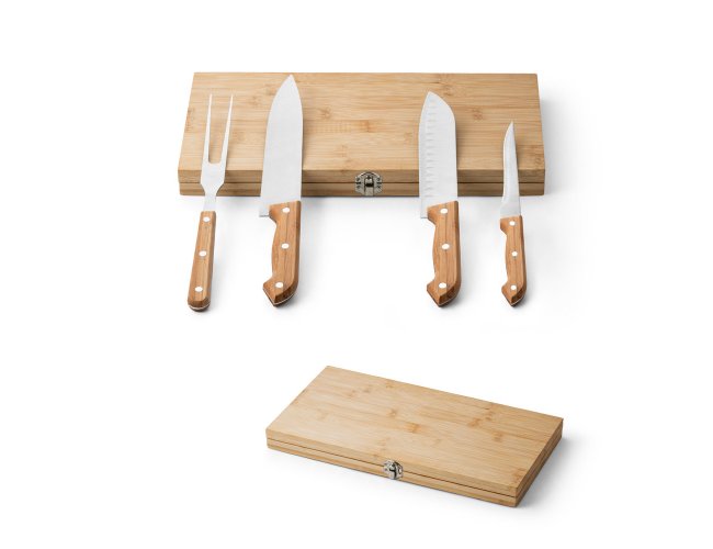 KOERPER. Kit churrasco em caixa de bambu 4 utenslios em ao inox e bambu: