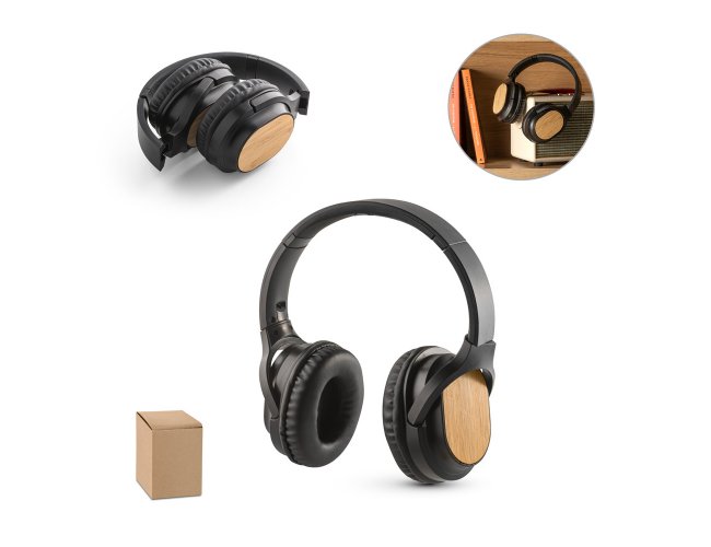 GOULD. Fones de ouvido wireless em bambu e ABS. 160 x 190 x 45 mm