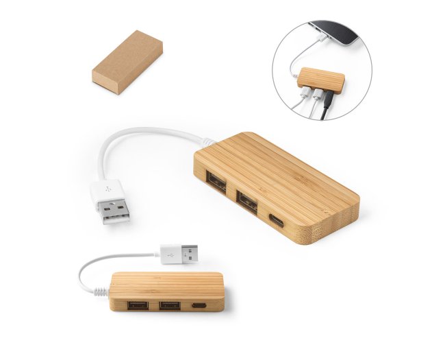 MOSER. Hub em bambu com 2 portas USB-A e 1 porta USB-C