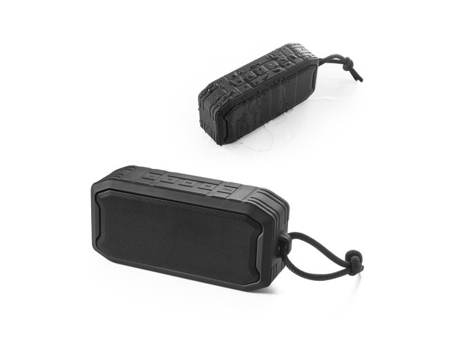 Caixa de som porttil com microfone, em ABS 100% reciclado,  prova de gua com IPX7 1200 mAh