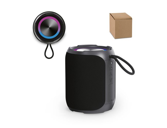 Caixa de som em ABS 100% reciclado  prova de gua com classificao IPX6 2.600 mAh