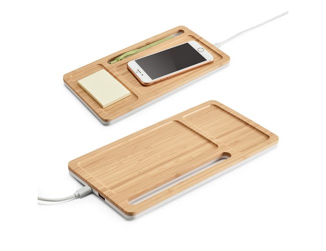 Organizador de secretria. Bambu e ABS. Carregador wireless, hub USB e