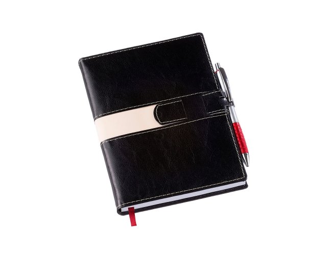Agenda diria 2025 de couro sinttico com suporte para caneta. 20 X 14,9 cm