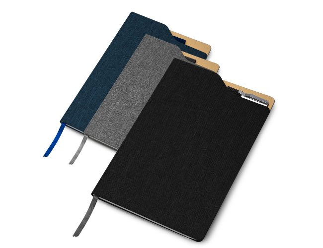 Caderno de anotaes com suporte para caneta, capa dura em material reciclvel