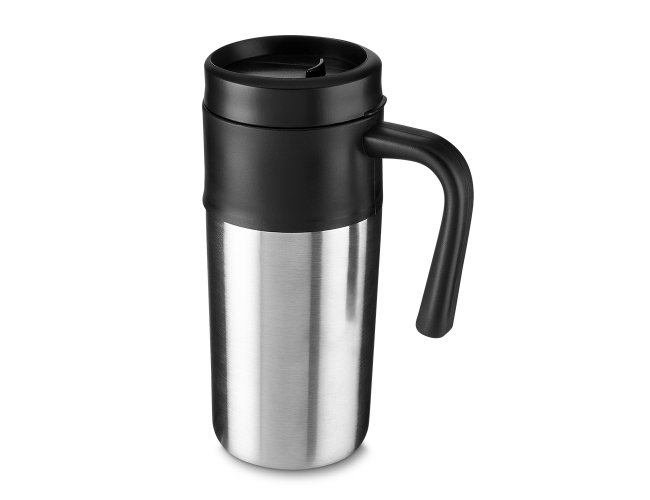 Caneca em ao inox de 350ml com tampa plstica. Anel de silicone antivazamento