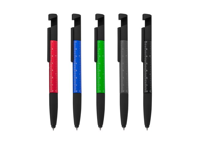 Caneta em metal com ponta touch, escrita em azul. Ponta com Ferramentas, apoio para smartphone, Limpa tela, e rgua