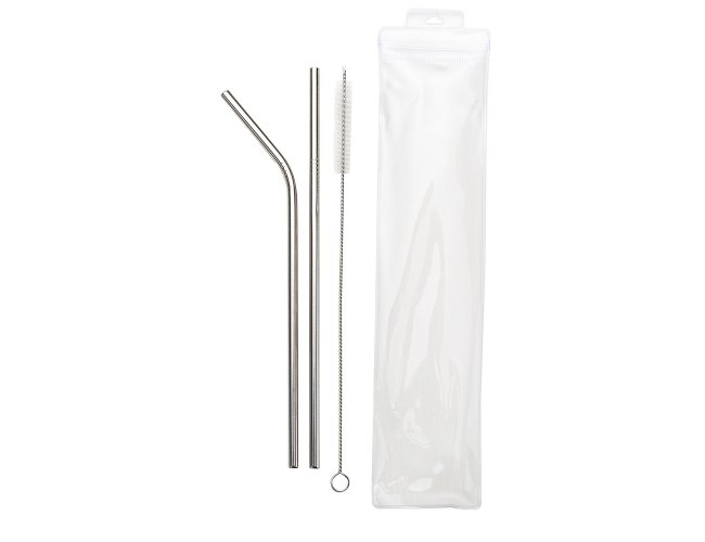 Kit com dois canudos de ao e escova em estojo plstico