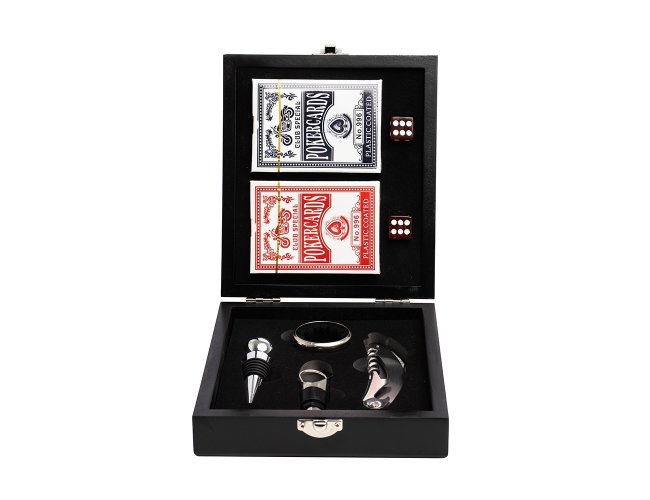 Kit Vinho com Jogo de Baralho - Nosso kit vinho com 4 peas vem em um estojo feito em MDF com trava de segurana e rea