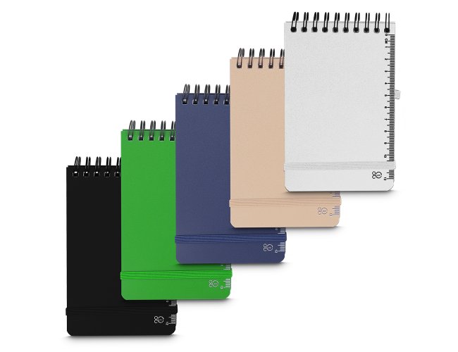 Mini Caderno em PP reciclvel com suporte para caneta e miolo de 60 folhas branca sem pauta.*No acompanha caneta.