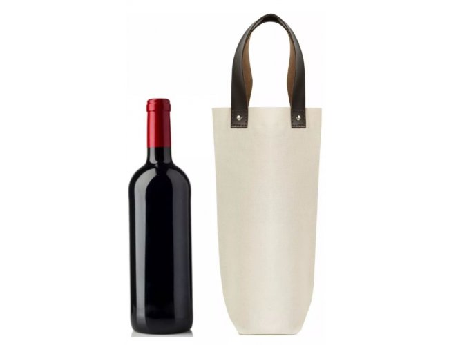 Sacola de vinho em algodo com forro termico com ala em couro 35x10x10