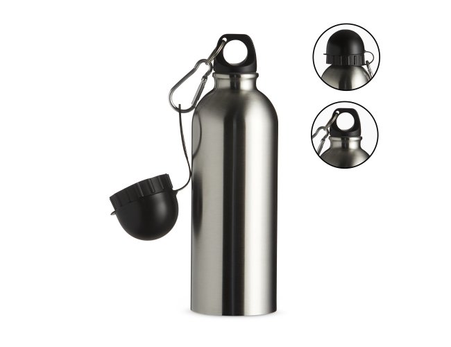 Squeeze 500ml de inox com pintura metalizada, tampa rosquevel e acompanha um segundo bico com mosqueto